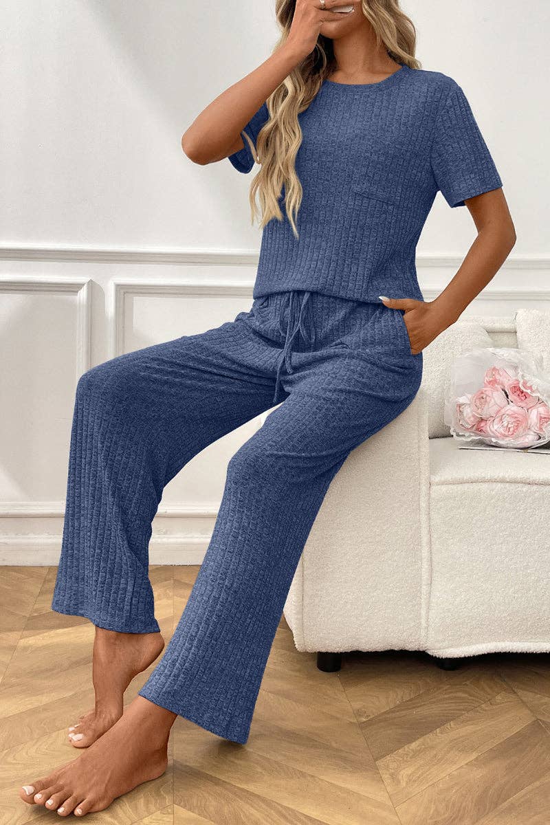 Short Sleeve Ribbed Knit Lounge Set with Drawstring Pants: Burgundy / S