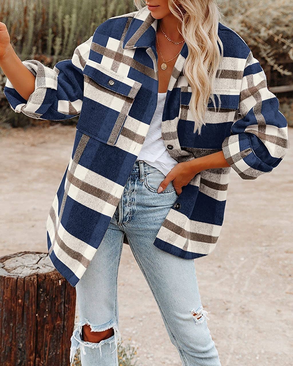 Women's Plaid Button Down Flannel Shirt Jacket – Cozy & Stylish: Light gray / 100%Polyester / S