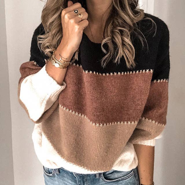 M Women's Color Block Crewneck Long Sleeve Knit Sweater