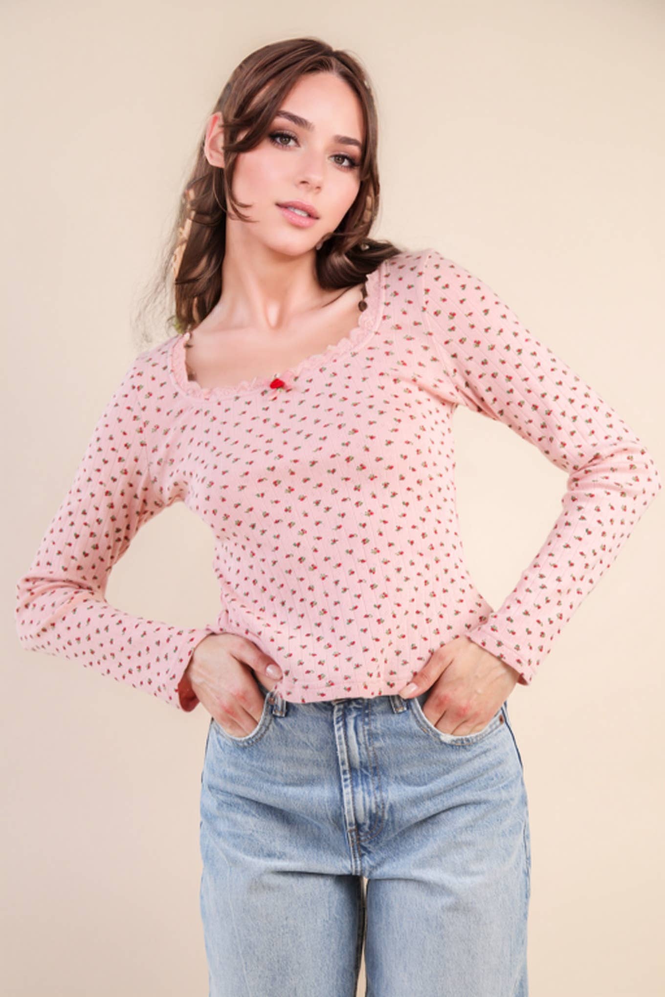 NT12410-Printed Fitted Casual Knit Top: CREAM FLORAL / S-M-L/2-2-2