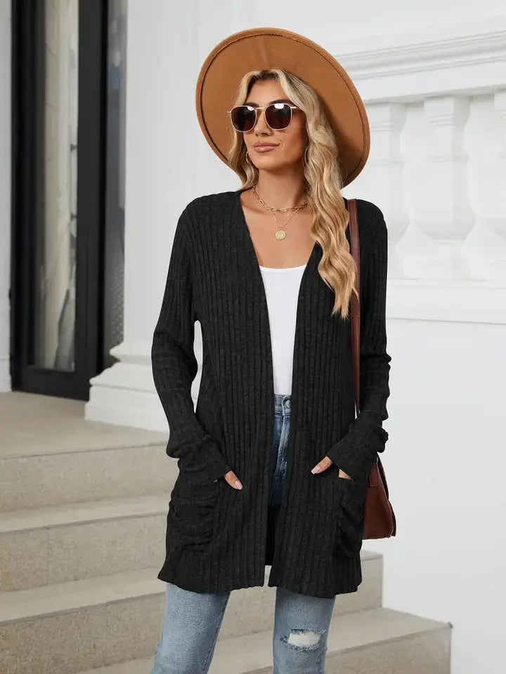 Solid Knit Long Sleeve Pocket Open Front Cardigan: Khaki / 65%Rayon +30%Polyester+ 5%Spandex / M