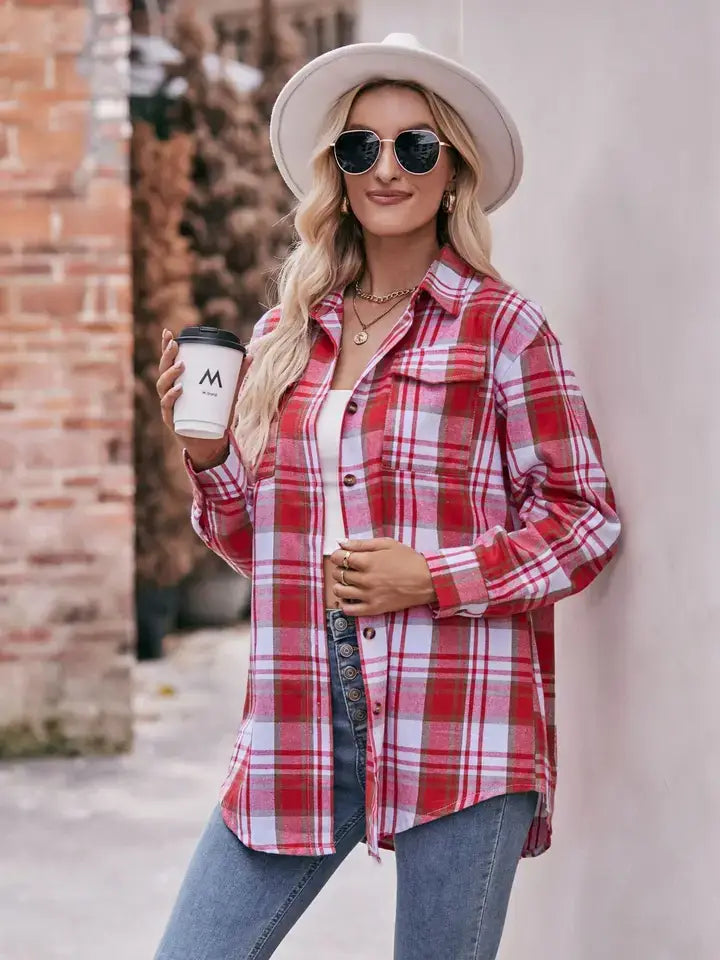 Plaid Oversized Button-Down Shirt – Casual Loose Fit: Red / 100%Polyester / XL