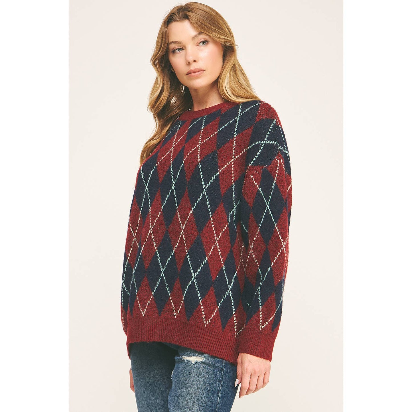 CHECKERED CREW NECK LONG SLEEVE PULLOVER SWEATER (Copy): TONAL GREY / L