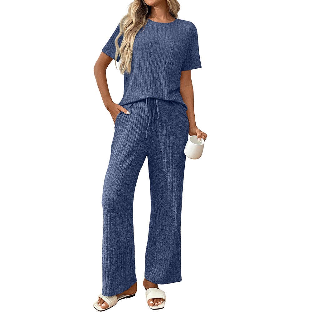 Short Sleeve Ribbed Knit Lounge Set with Drawstring Pants: Burgundy / S