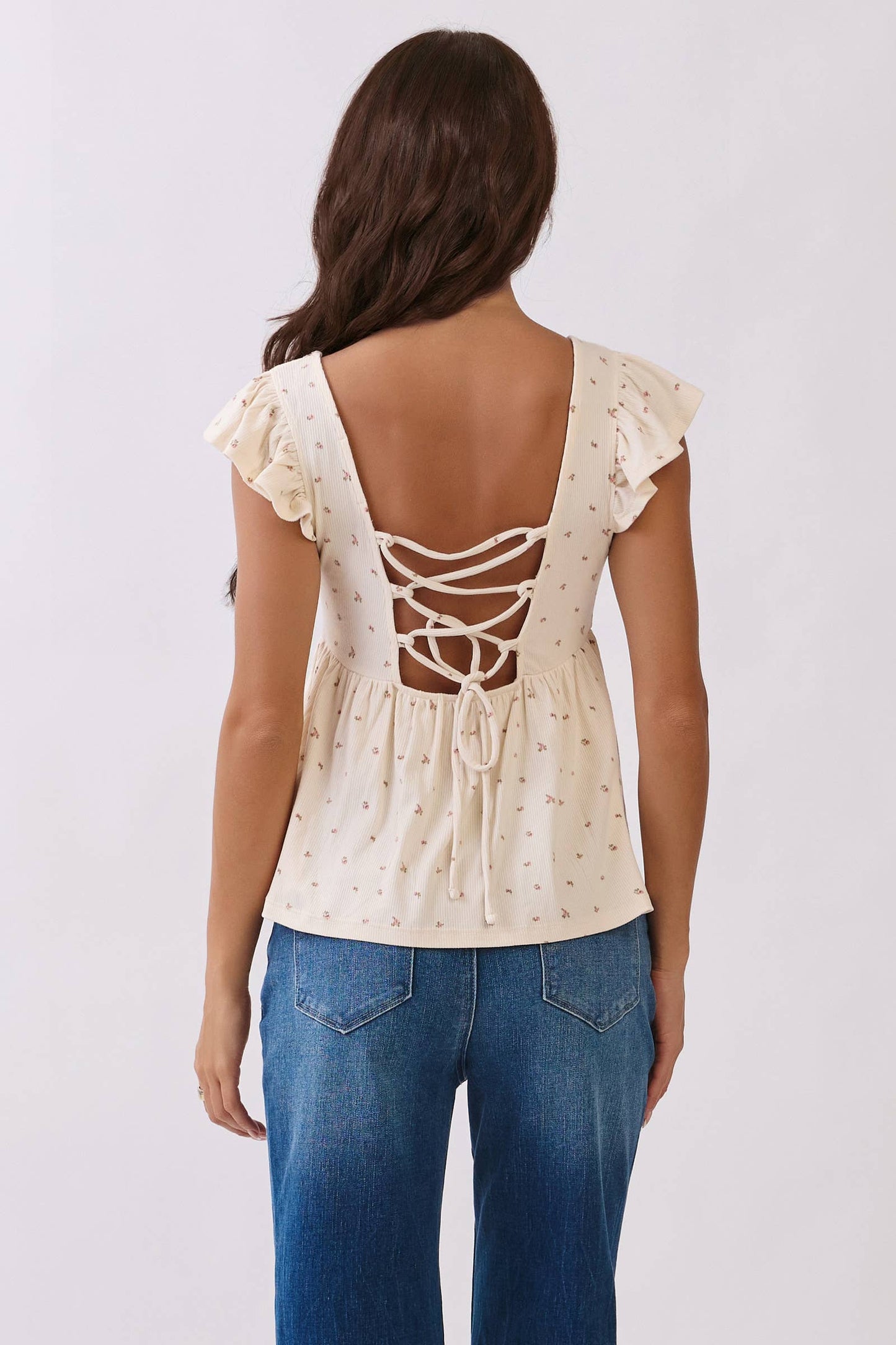 RT57069BP - PRINTED PEPLUM TOP WITH TIE BACK DETAIL: NAVAL ACADEMY/WHT POLKA DOT / S-M-L/2-2-2