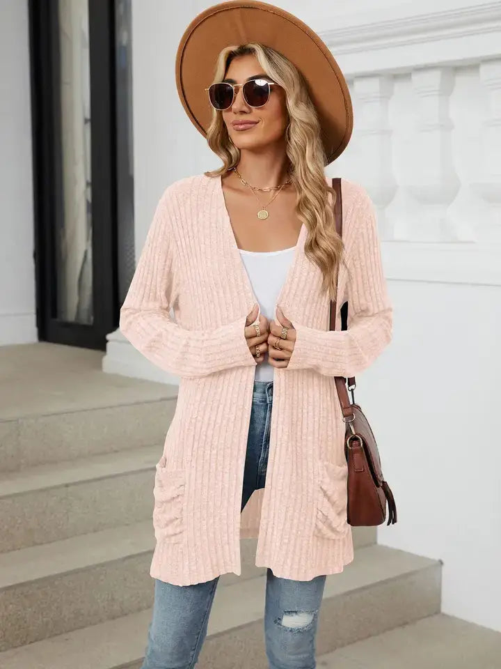 Solid Knit Long Sleeve Pocket Open Front Cardigan: Khaki / 65%Rayon +30%Polyester+ 5%Spandex / S