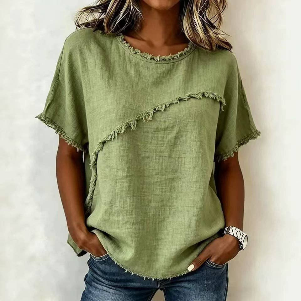 3XL Frayed Edge Linen Blend Top Round Neck Short Sleeve Casual: Apricot