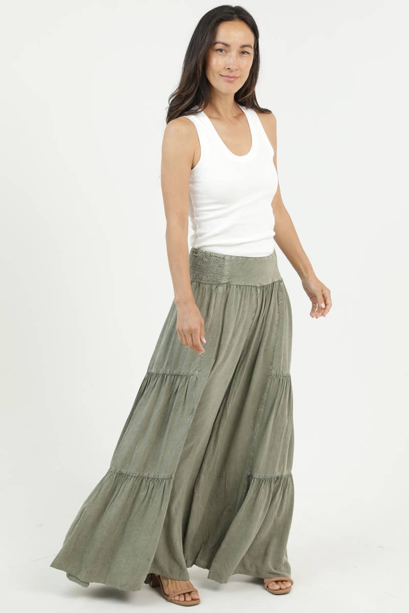 M ACID WASH TIERED WIDE LEG PANTS: CHOCOLATE / M