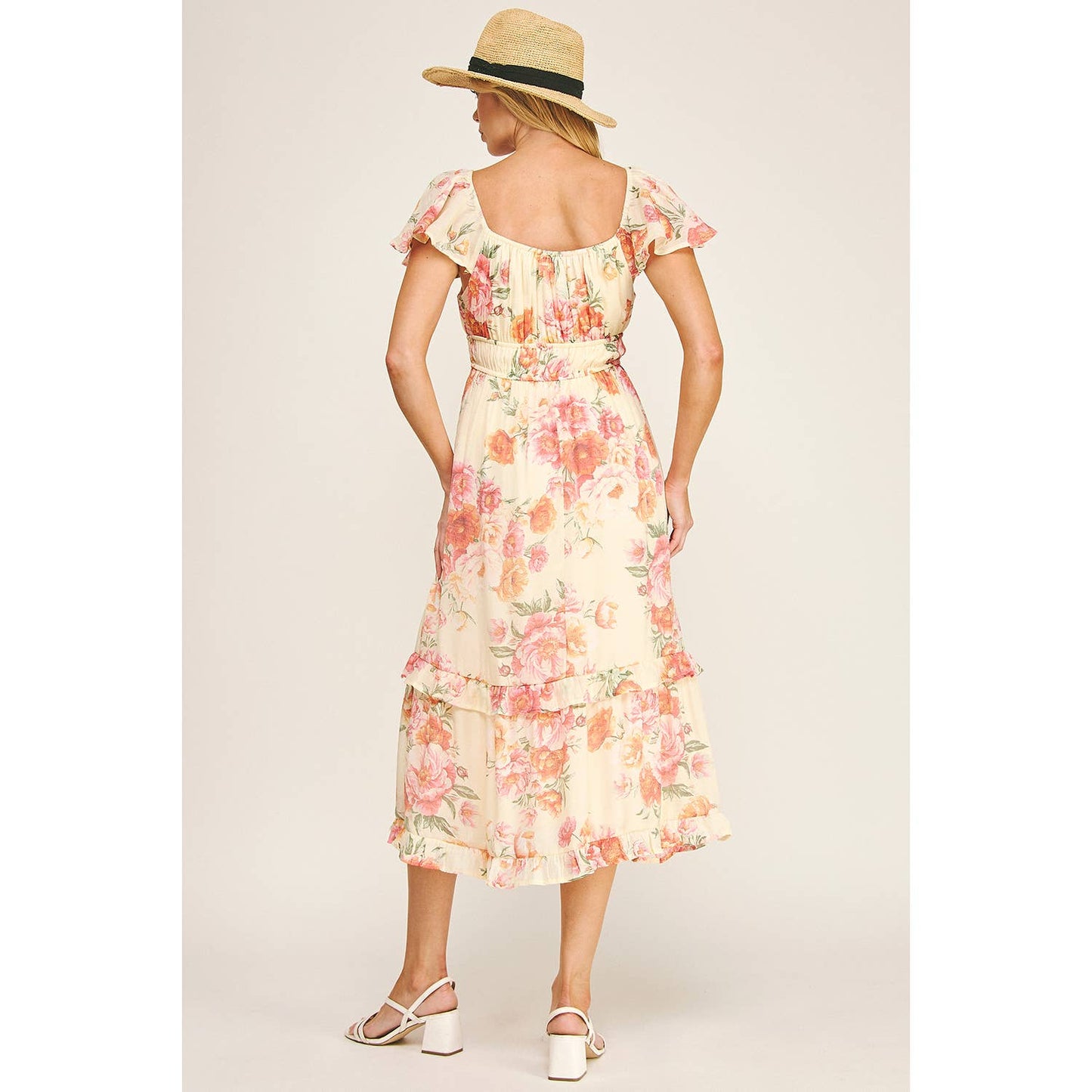 FLUTTER SLEEVE FLORAL TIERED MIDI DRESS: I/P/O / L