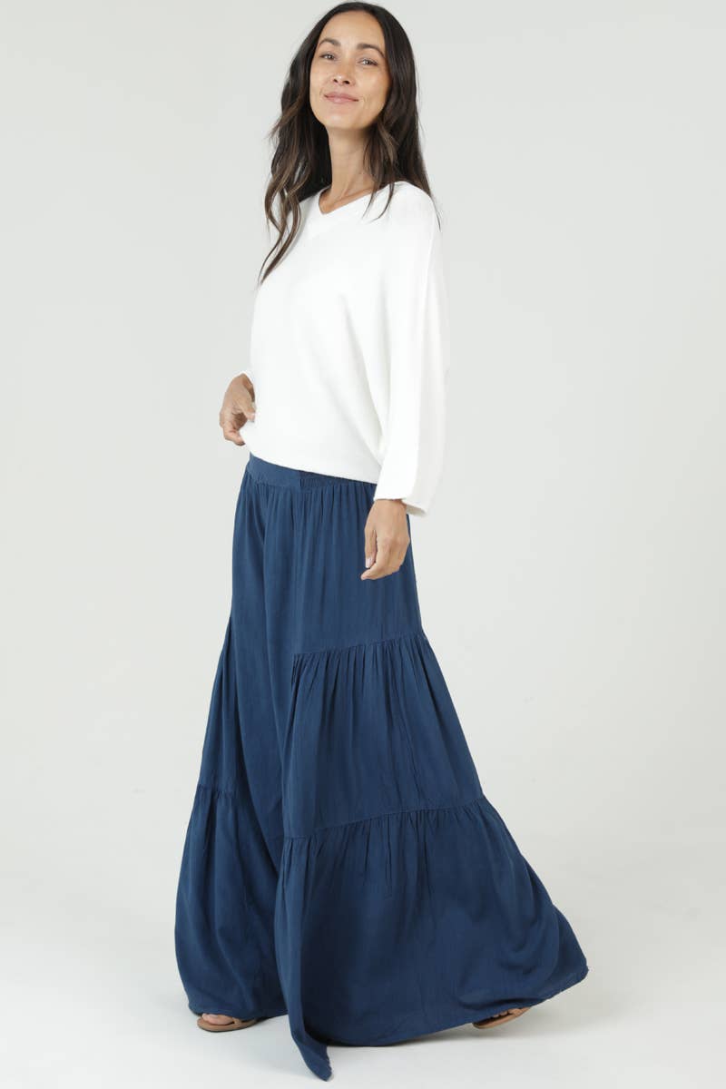 L ACID WASH TIERED WIDE LEG PANTS: CHOCOLATE / L