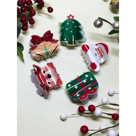 4 Kind Mini Christmas Print Hair Claw Clip: Assorted Color / ONE SIZE(12)