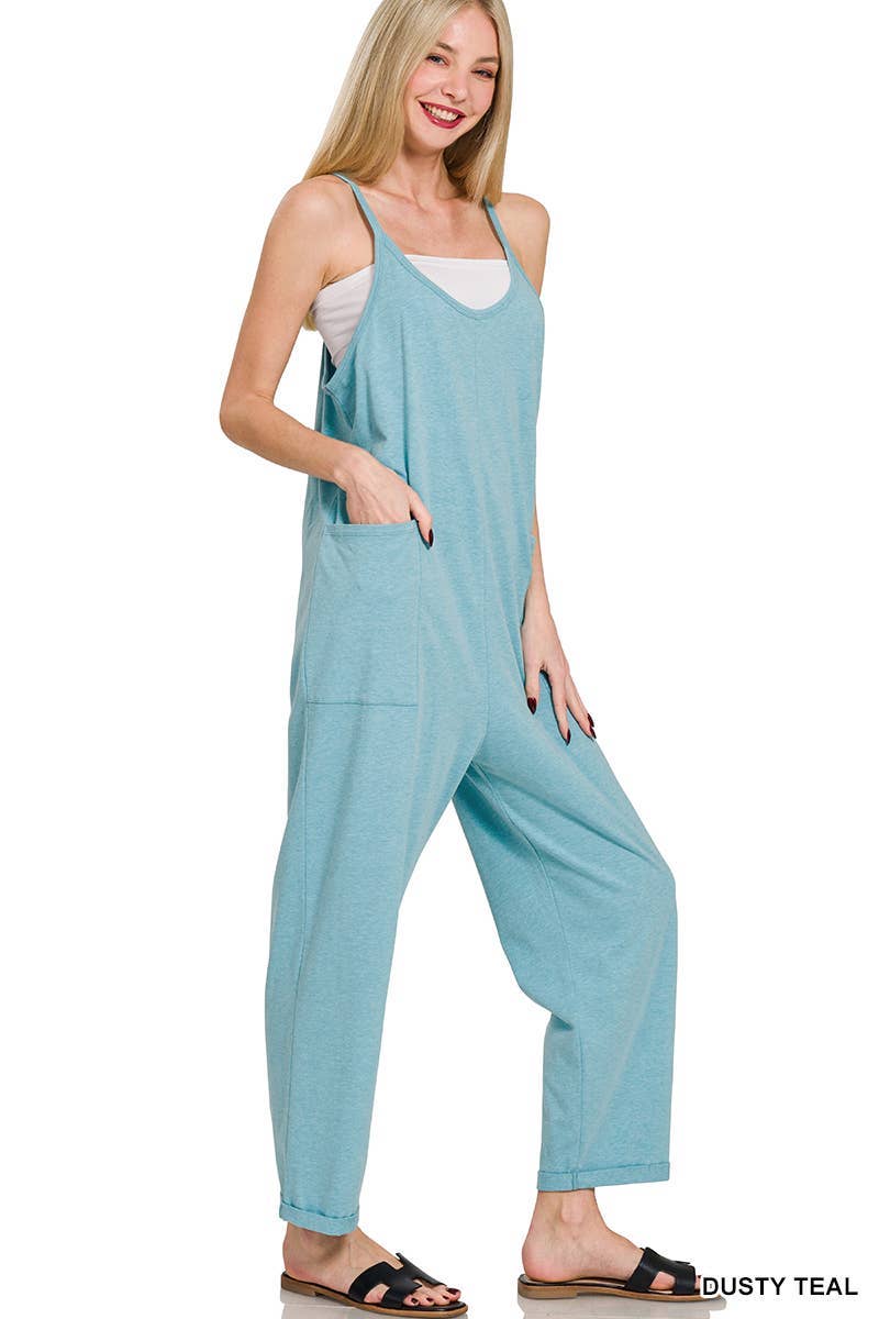 Spaghetti Strap Pocketed Jumpsuit: H LT TEAL]