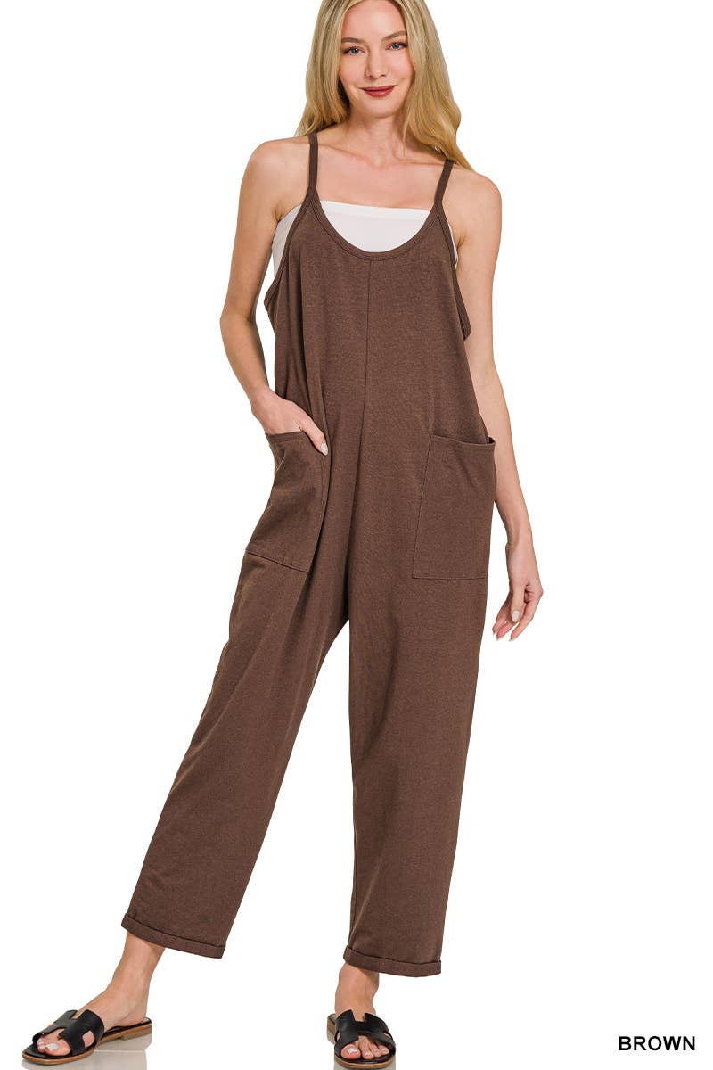 Spaghetti Strap Pocketed Jumpsuit: H LT TEAL]