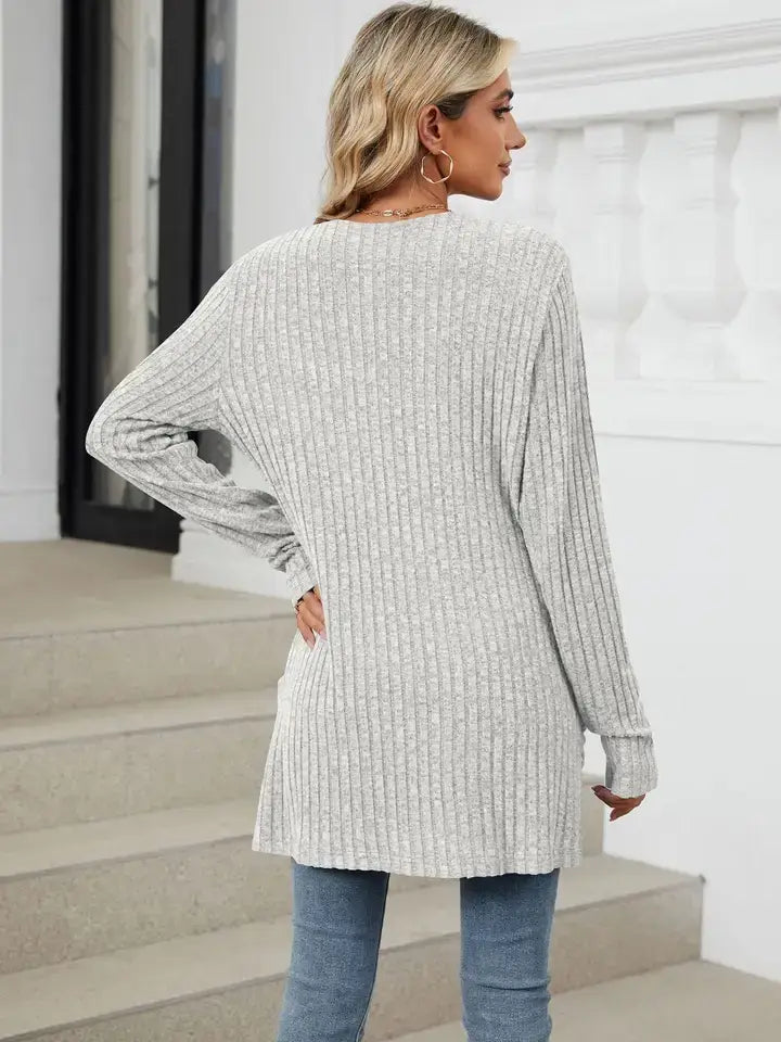 Solid Knit Long Sleeve Pocket Open Front Cardigan: Khaki / 65%Rayon +30%Polyester+ 5%Spandex / L