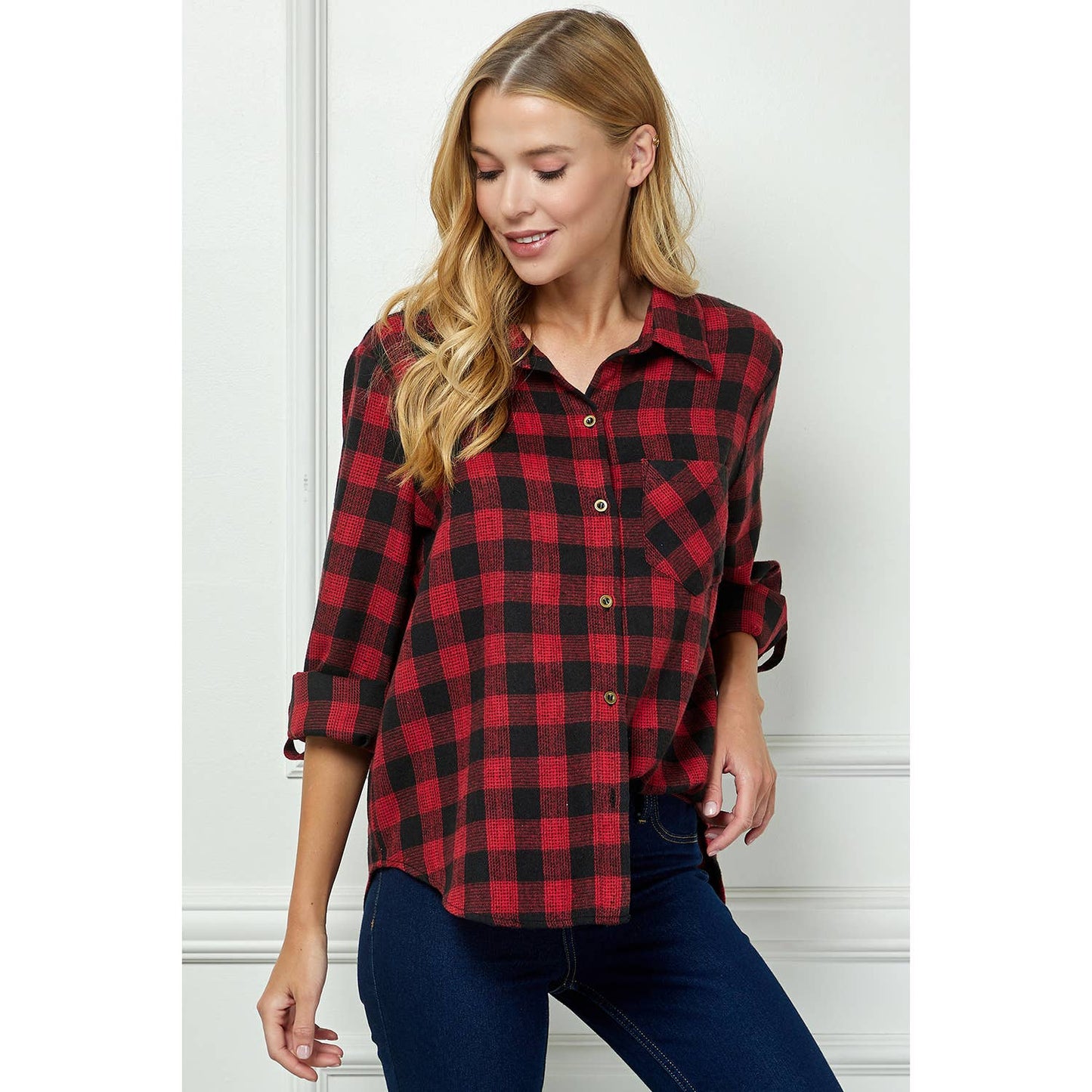 PLAID FLANNEL ROLL SLEEVES  COLLAR NECK SHIRTS : BK/RD / S