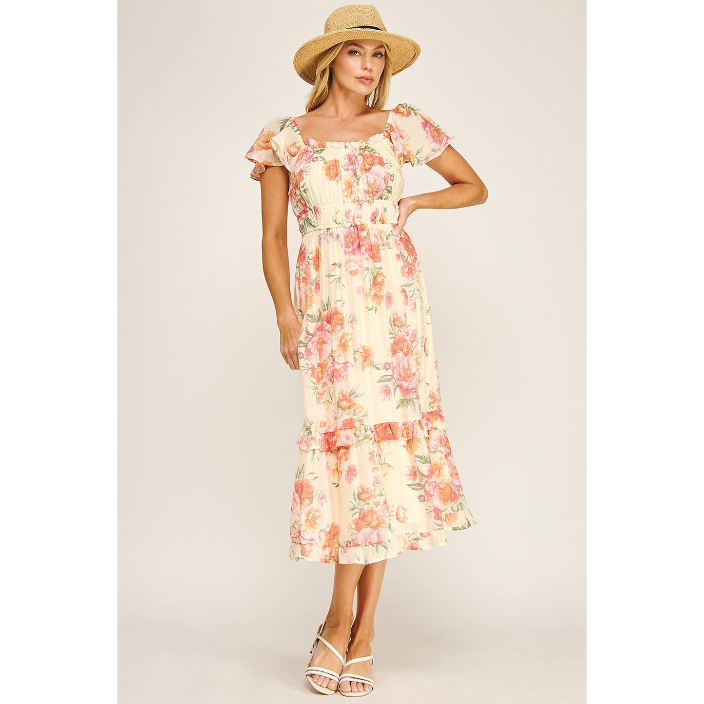 FLUTTER SLEEVE FLORAL TIERED MIDI DRESS: I/P/O / L