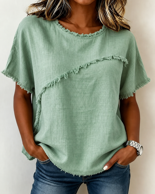 2X Frayed Edge Linen Blend Top Round Neck Short Sleeve Casual: Light Green