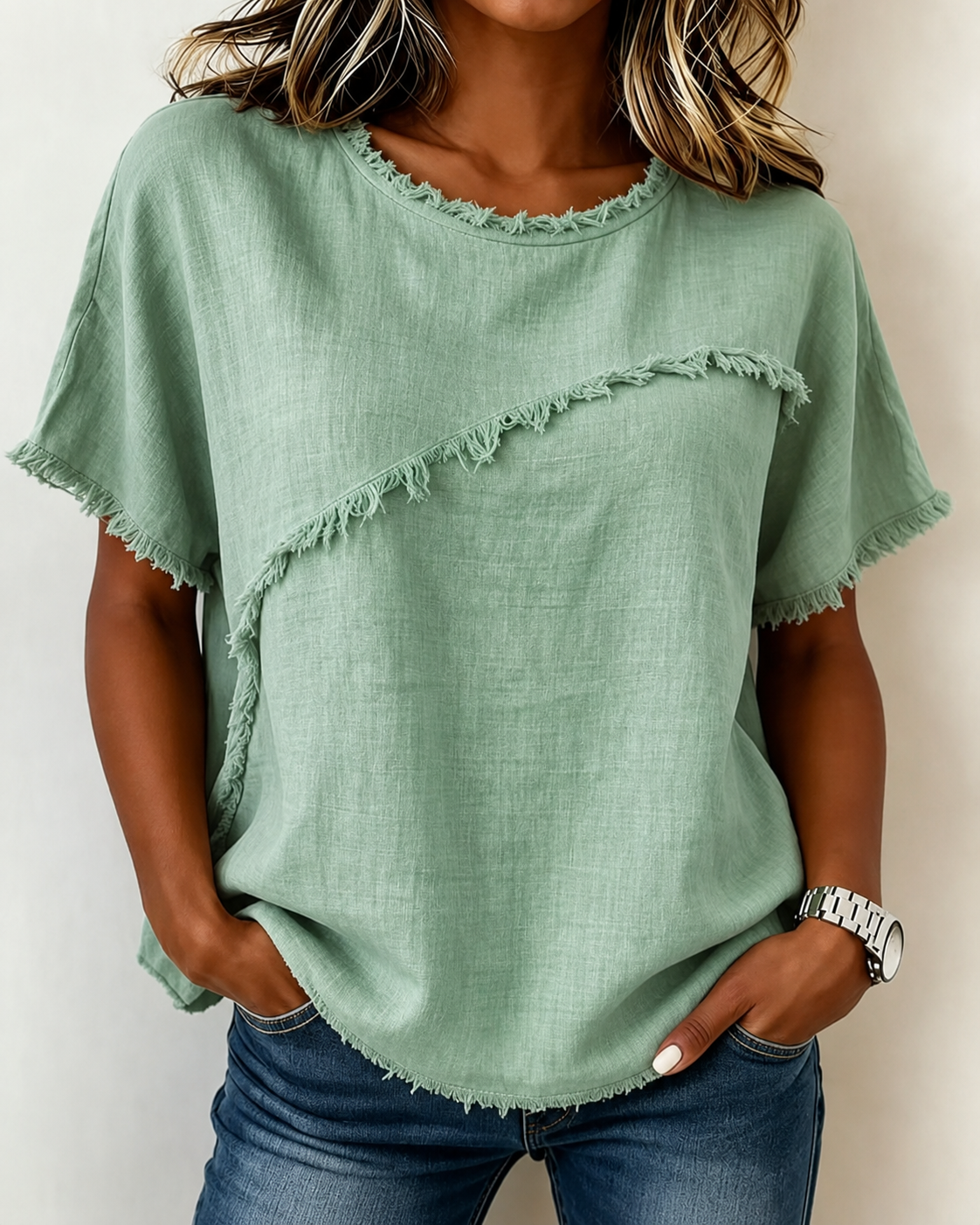 3XL Frayed Edge Linen Blend Top Round Neck Short Sleeve Casual: Apricot