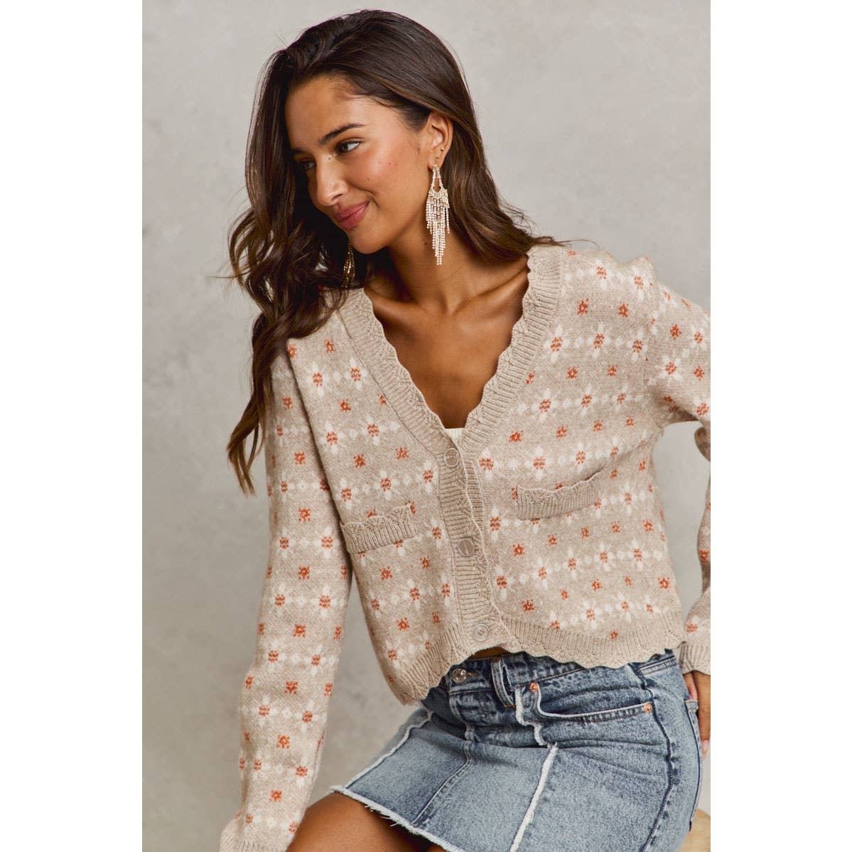 L FLORAL PATTERNED BUTTON DOWN SWEATER CARDIGAN: GREY OATMEAL / L
