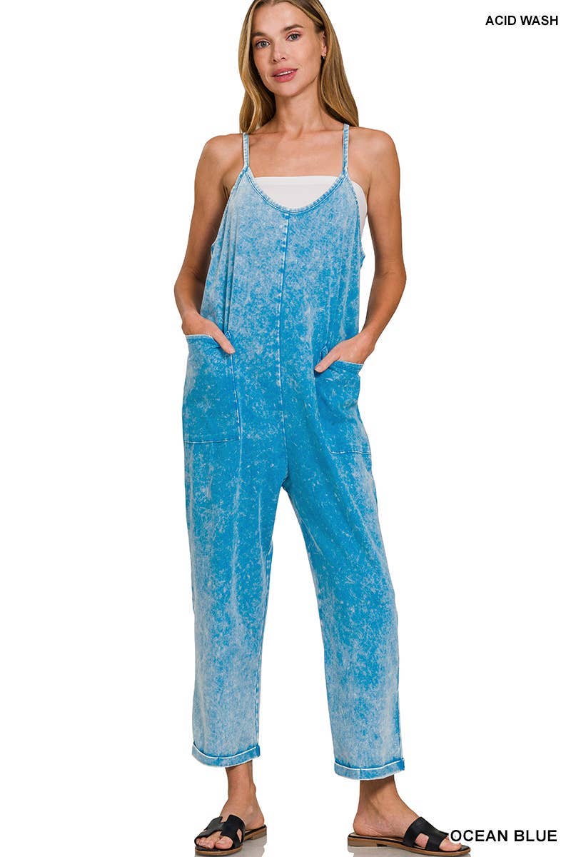 Washed Spaghetti Straps Overalls With Pockets: B LAVENDER
