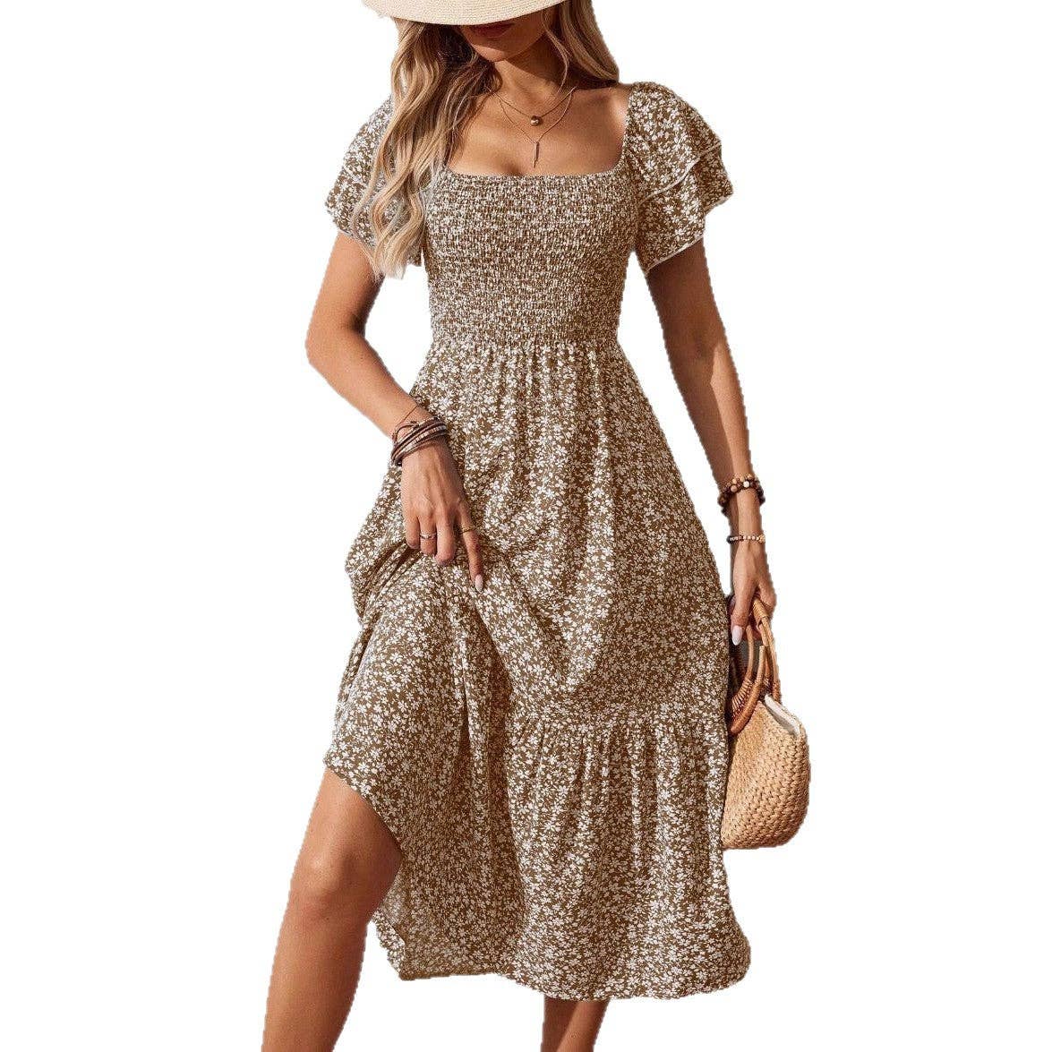 Floral Square Neck Smocked Short Sleeve Maxi Summer Dress: Purple / 100%Polyester / L