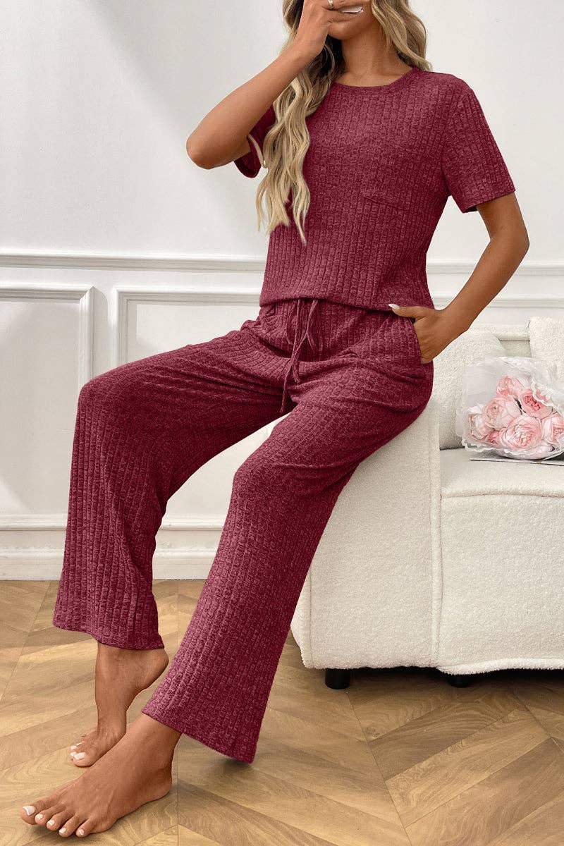 Short Sleeve Ribbed Knit Lounge Set with Drawstring Pants: Burgundy / S