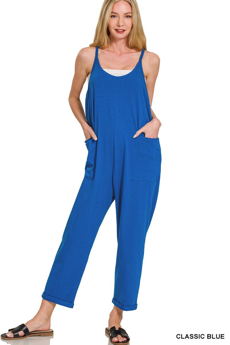 Spaghetti Strap Pocketed Jumpsuit: H LT TEAL]