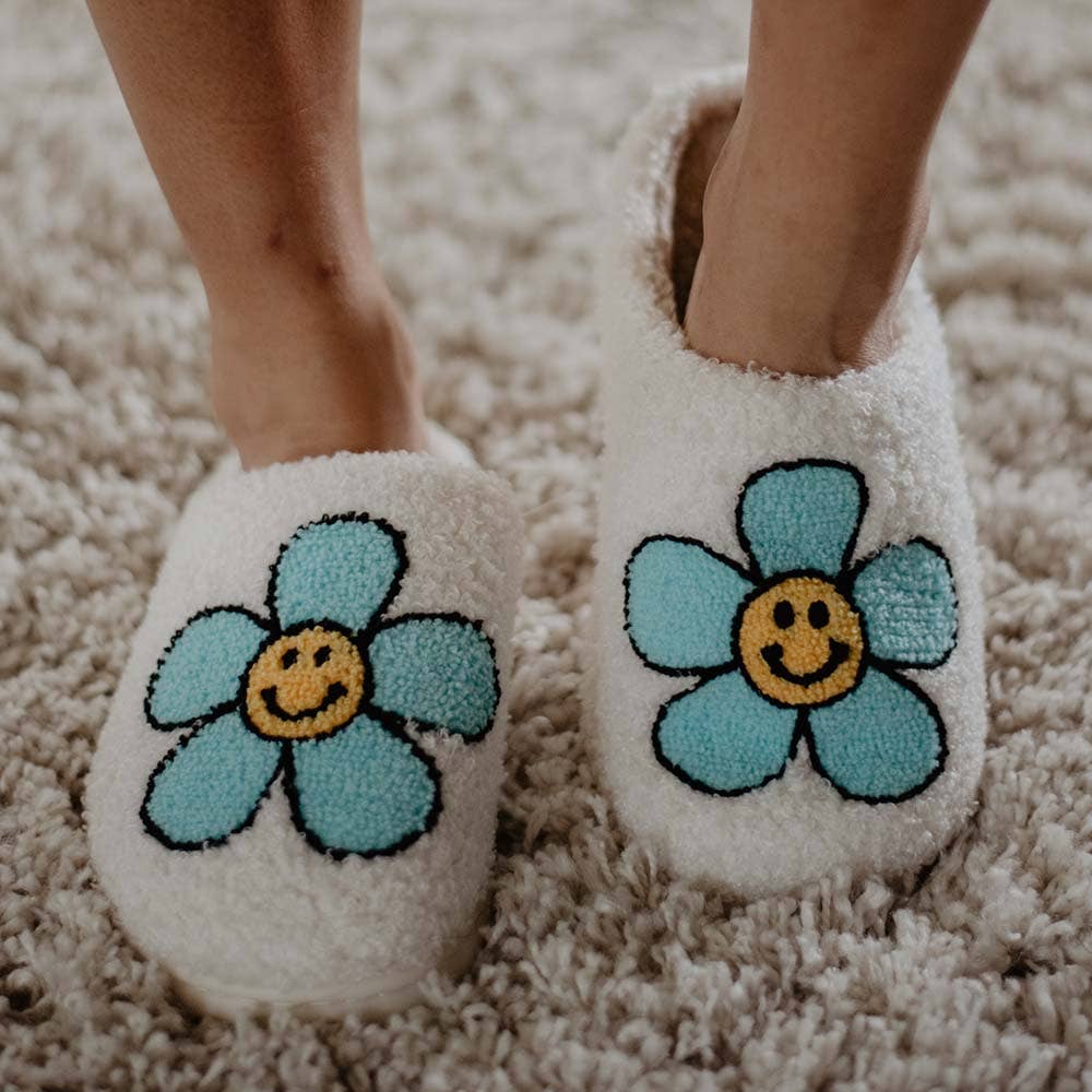 Mint Daisy Happy Face Slippers For Graduation: White / L/XL