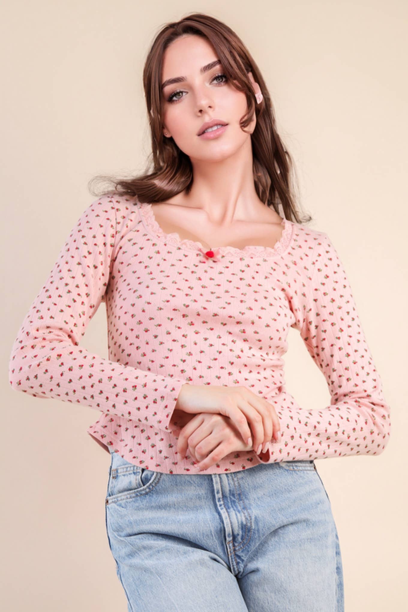 NT12410-Printed Fitted Casual Knit Top: CREAM TEDDY BEAR / S-M-L/2-2-2