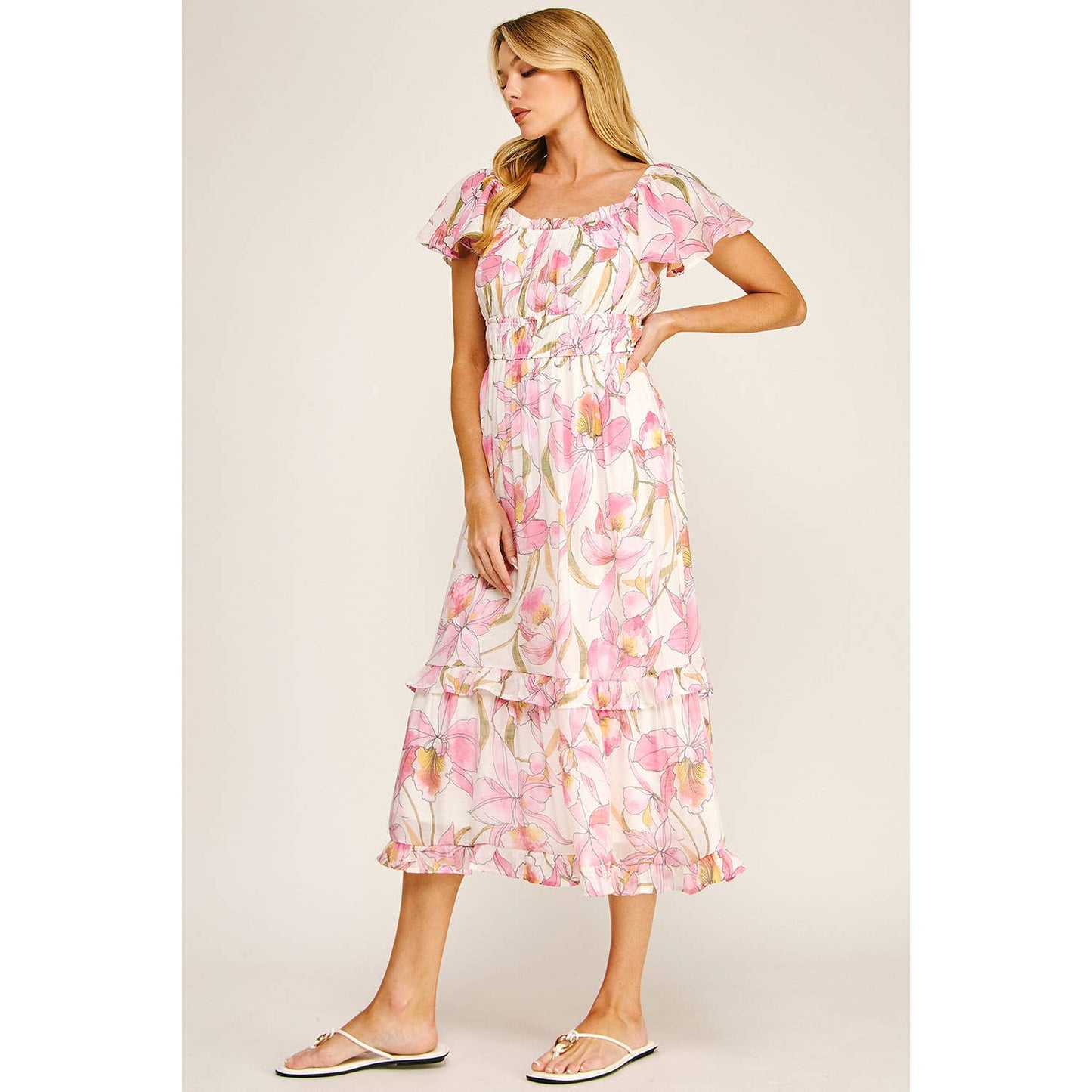 FLUTTER SLEEVE FLORAL TIERED MIDI DRESS: I/P/O / L