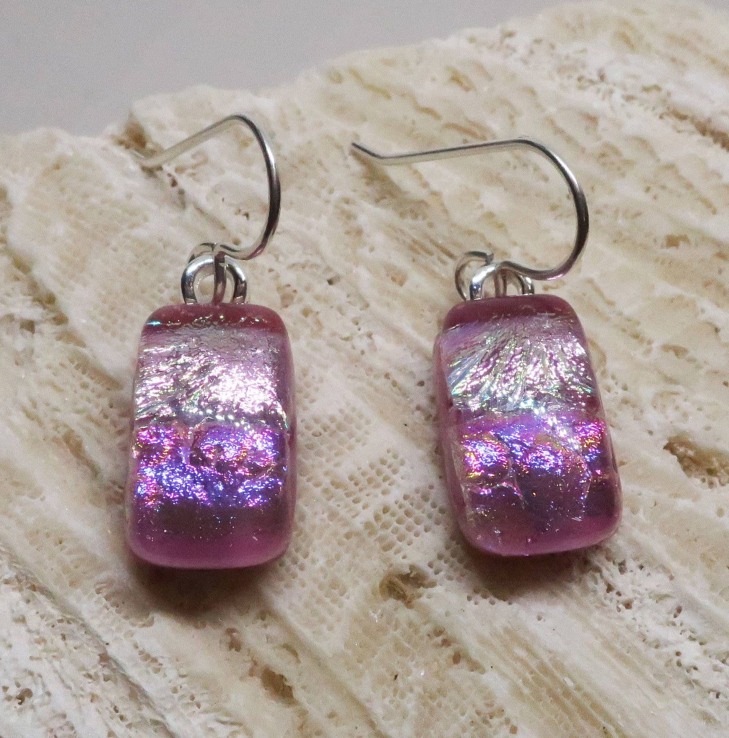 Bright Pink dichroic glass sterling silver earrings #416