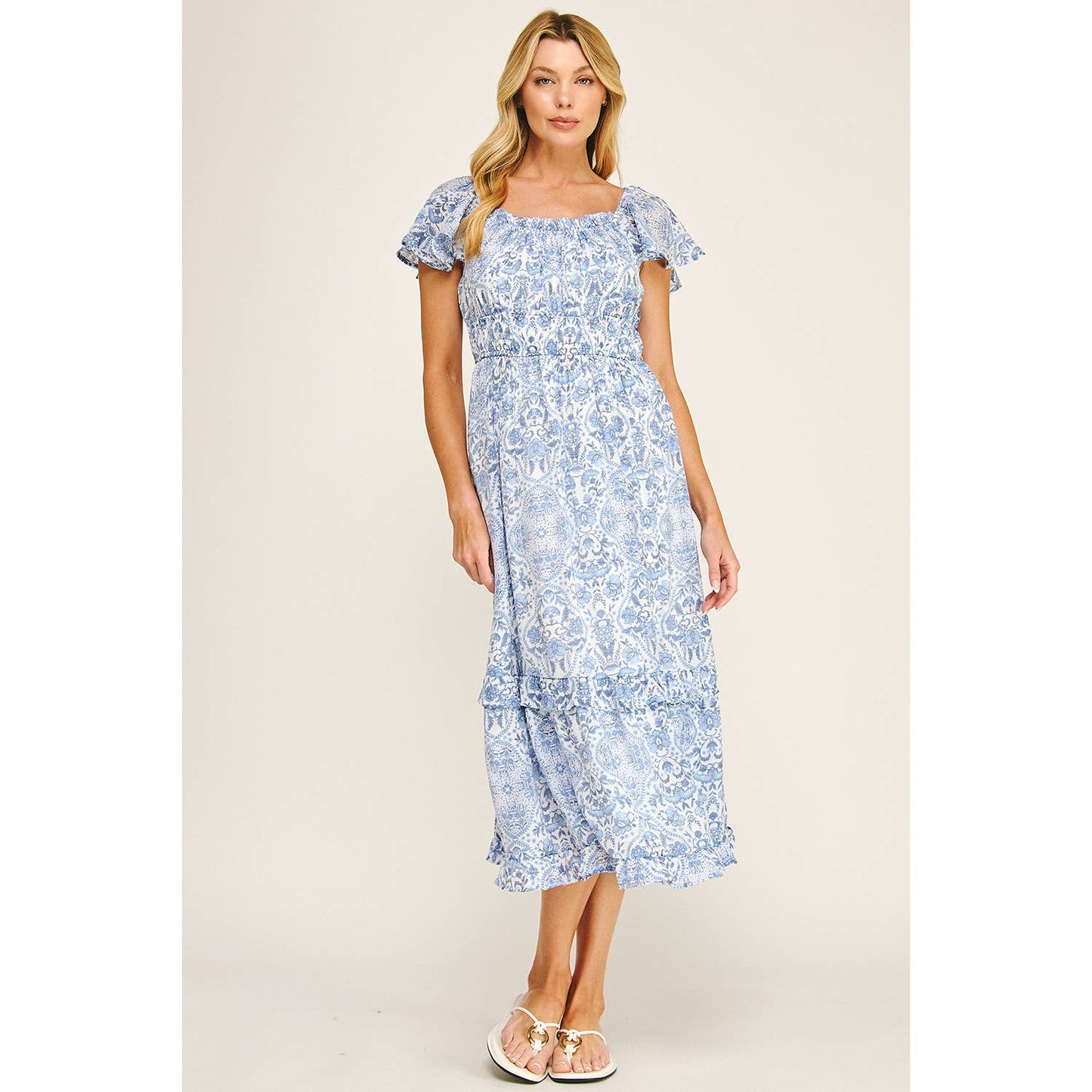 FLUTTER SLEEVE FLORAL TIERED MIDI DRESS: I/P/O / L