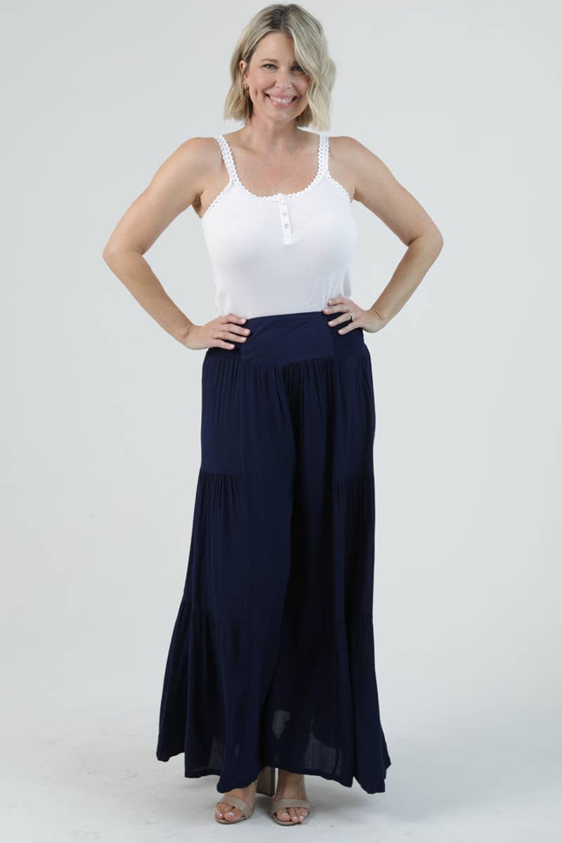 XL ACID WASH TIERED WIDE LEG PANTS: CHOCOLATE / XL