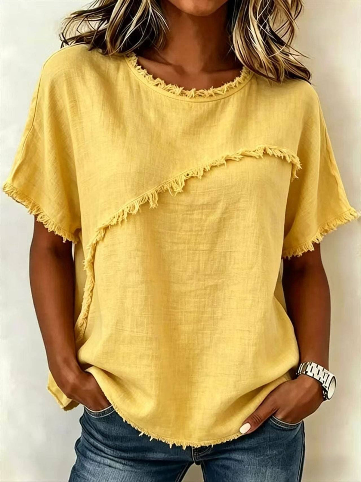 L Frayed Edge Linen Blend Top Round Neck Short Sleeve Casual: Apricot