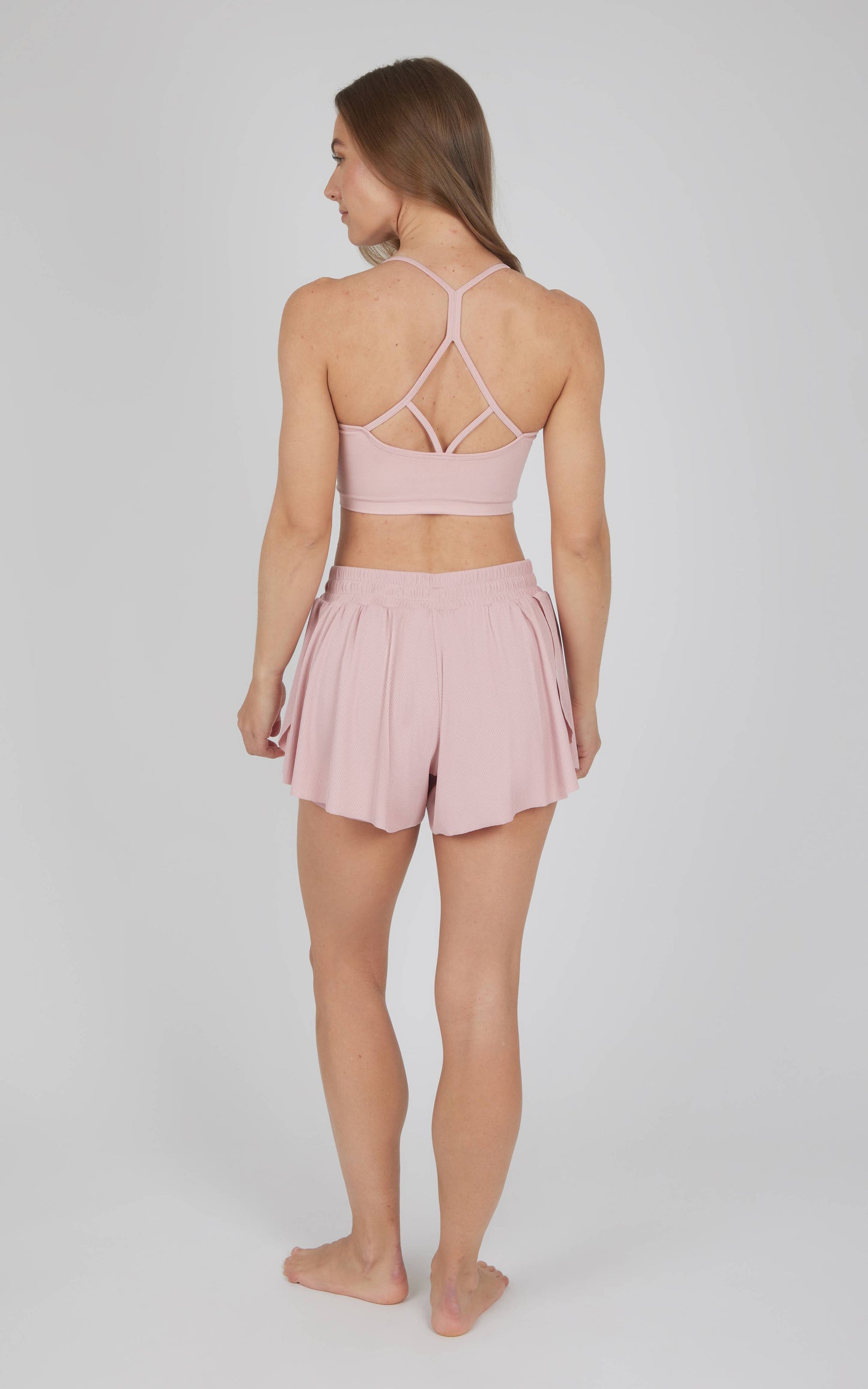 Women's Seamless Strappy Back Bra and Running Shorts - Set: GREEN MILIEU