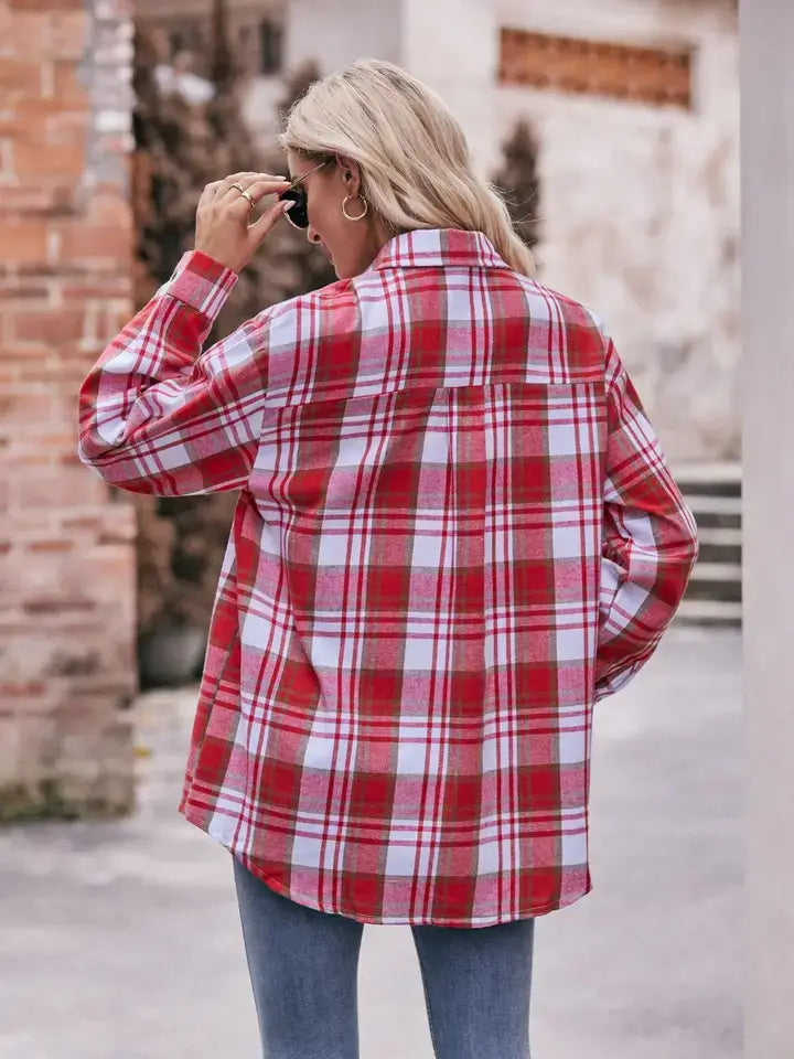 Plaid Oversized Button-Down Shirt – Casual Loose Fit: Red / 100%Polyester / L