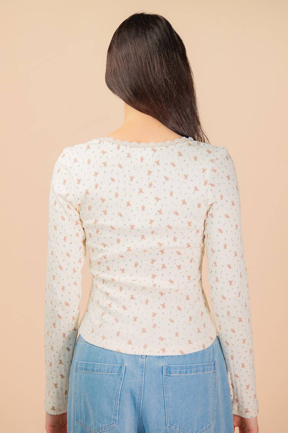 NT12410-Printed Fitted Casual Knit Top: CREAM FLORAL / S-M-L/2-2-2