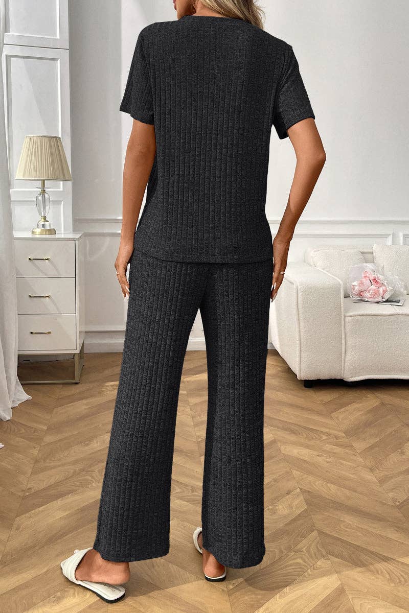 Short Sleeve Ribbed Knit Lounge Set with Drawstring Pants: Burgundy / S