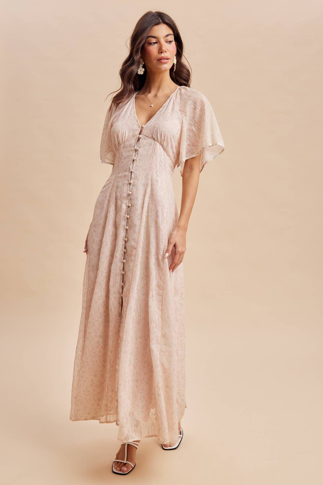 FLOWY FLUTTER SLEEVE BUTTON DOWN MAXI DRESS: DUSTY PINK / M