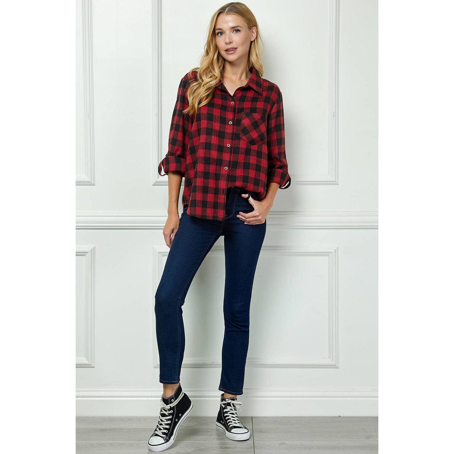 PLAID FLANNEL ROLL SLEEVES  COLLAR NECK SHIRTS : BK/RD / XL