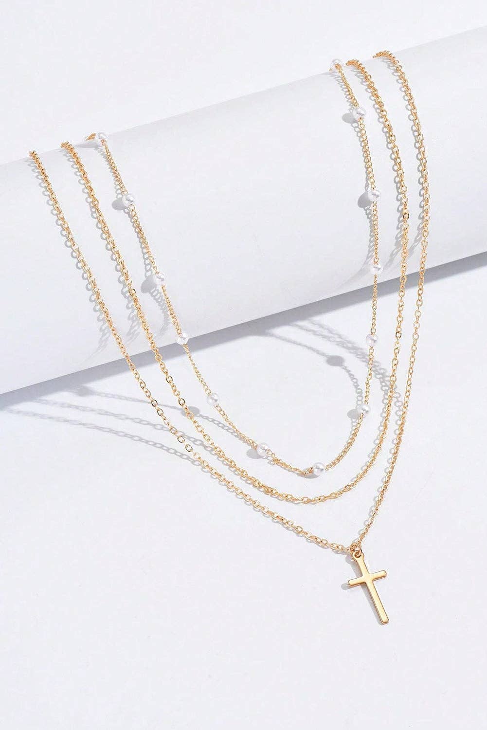 Gold Plated Cross Pendant Pearl Decor Triple Layer Chain Necklace: Gold / 100%Alloy / ONE SIZE