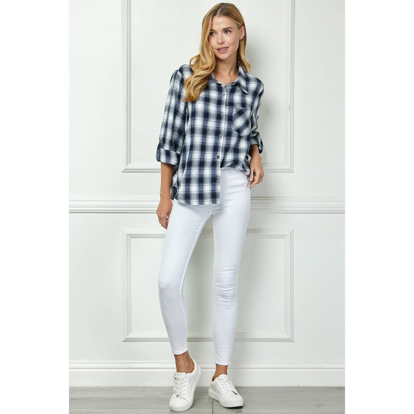 PLAID FLANNEL ROLL SLEEVES  COLLAR NECK SHIRTS: IV/NY / XL