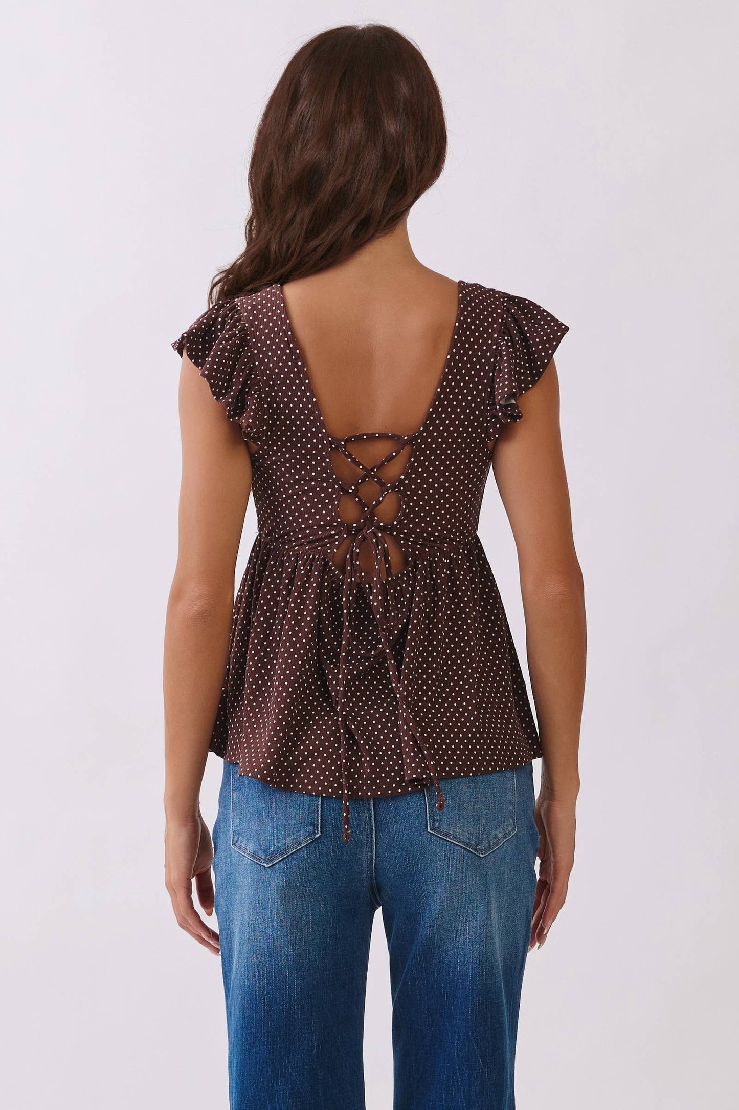 RT57069BP - PRINTED PEPLUM TOP WITH TIE BACK DETAIL: NAVAL ACADEMY/WHT POLKA DOT / S-M-L/2-2-2