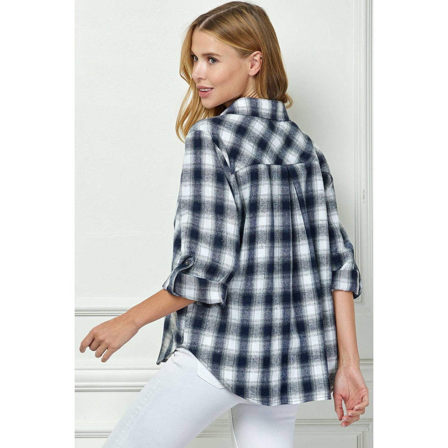 PLAID FLANNEL ROLL SLEEVES  COLLAR NECK SHIRTS: IV/NY / S