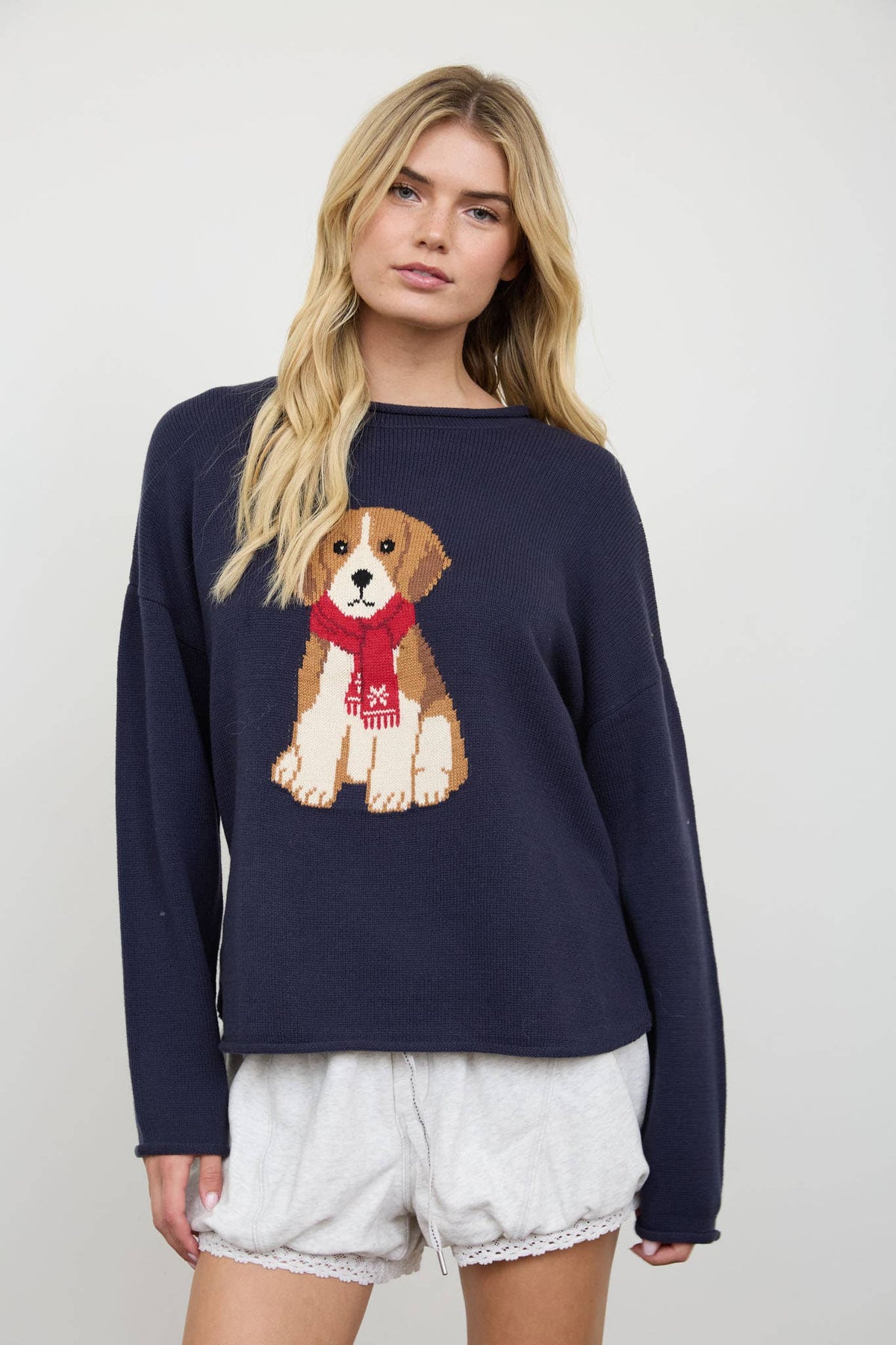 PUPPY MOTIF CREW NECK KNIT PULLOVER: CHOCOLATE BROWN