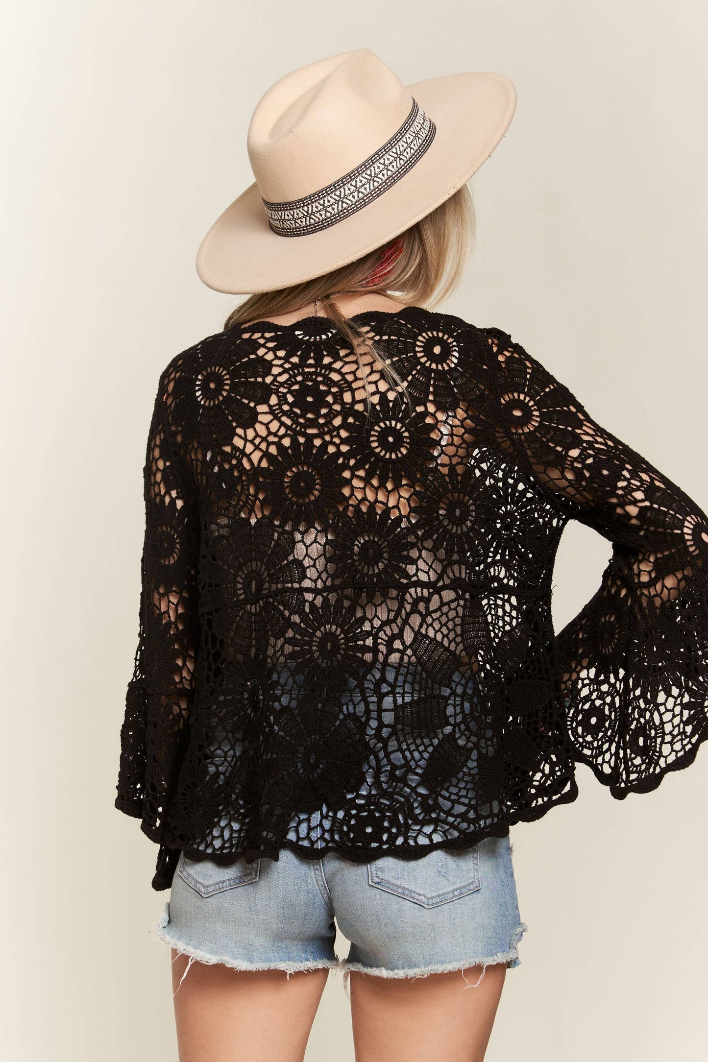 BELL SLEEVE CROCHET TOP- LET3556: BEIGE