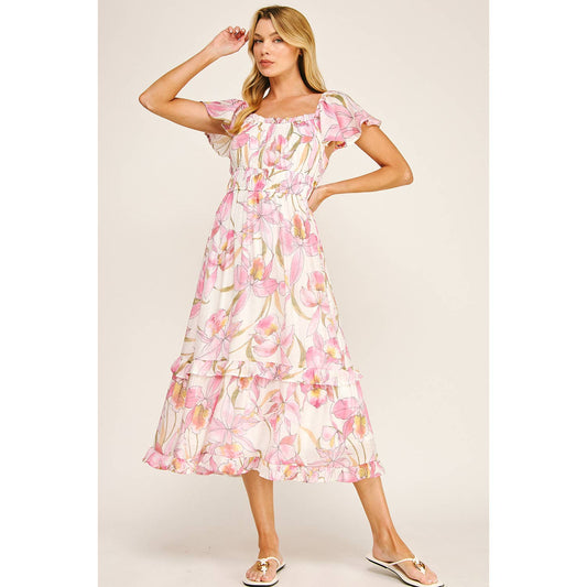 FLUTTER SLEEVE FLORAL TIERED MIDI DRESS: I/P/O / L