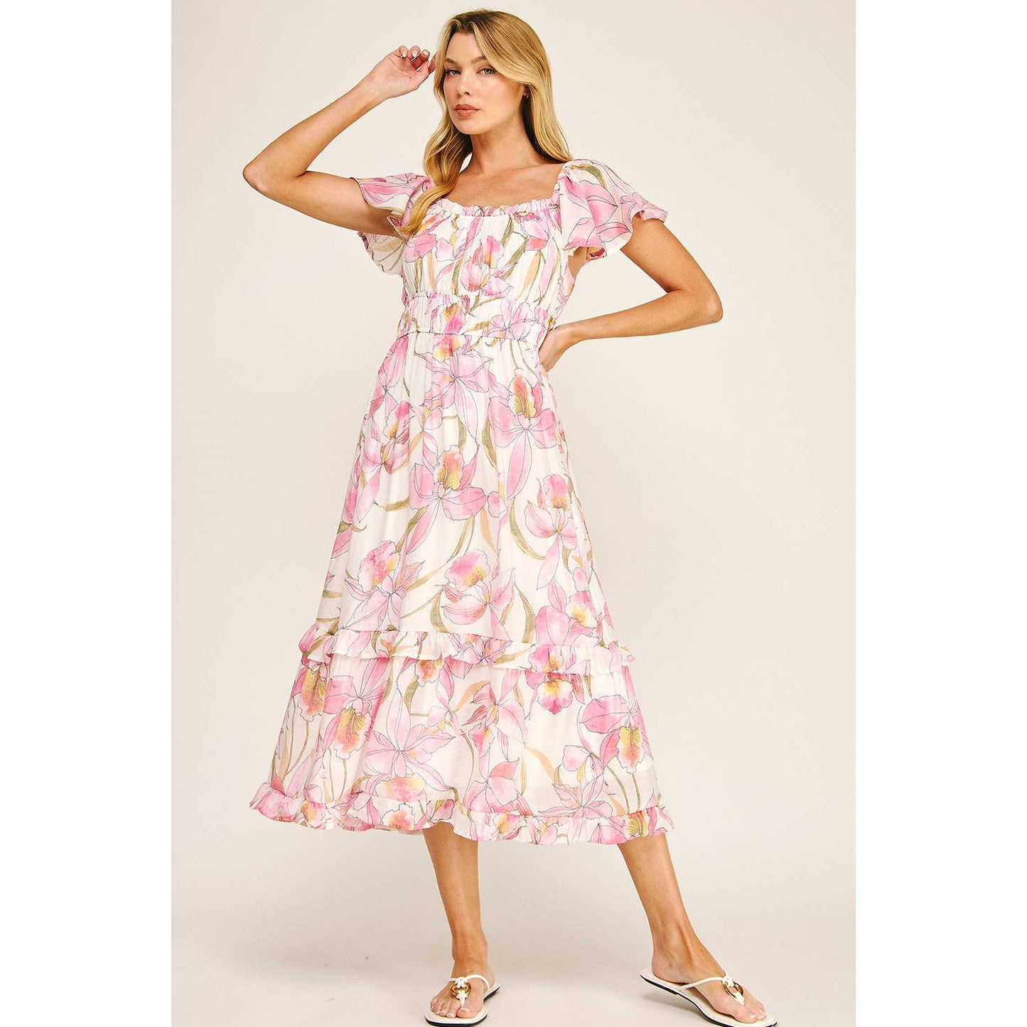 FLUTTER SLEEVE FLORAL TIERED MIDI DRESS: I/P/O / XL