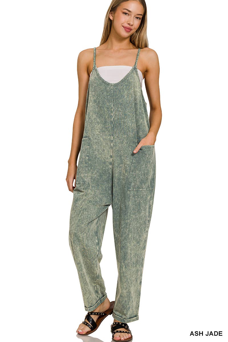 Washed Spaghetti Straps Overalls With Pockets: B LAVENDER