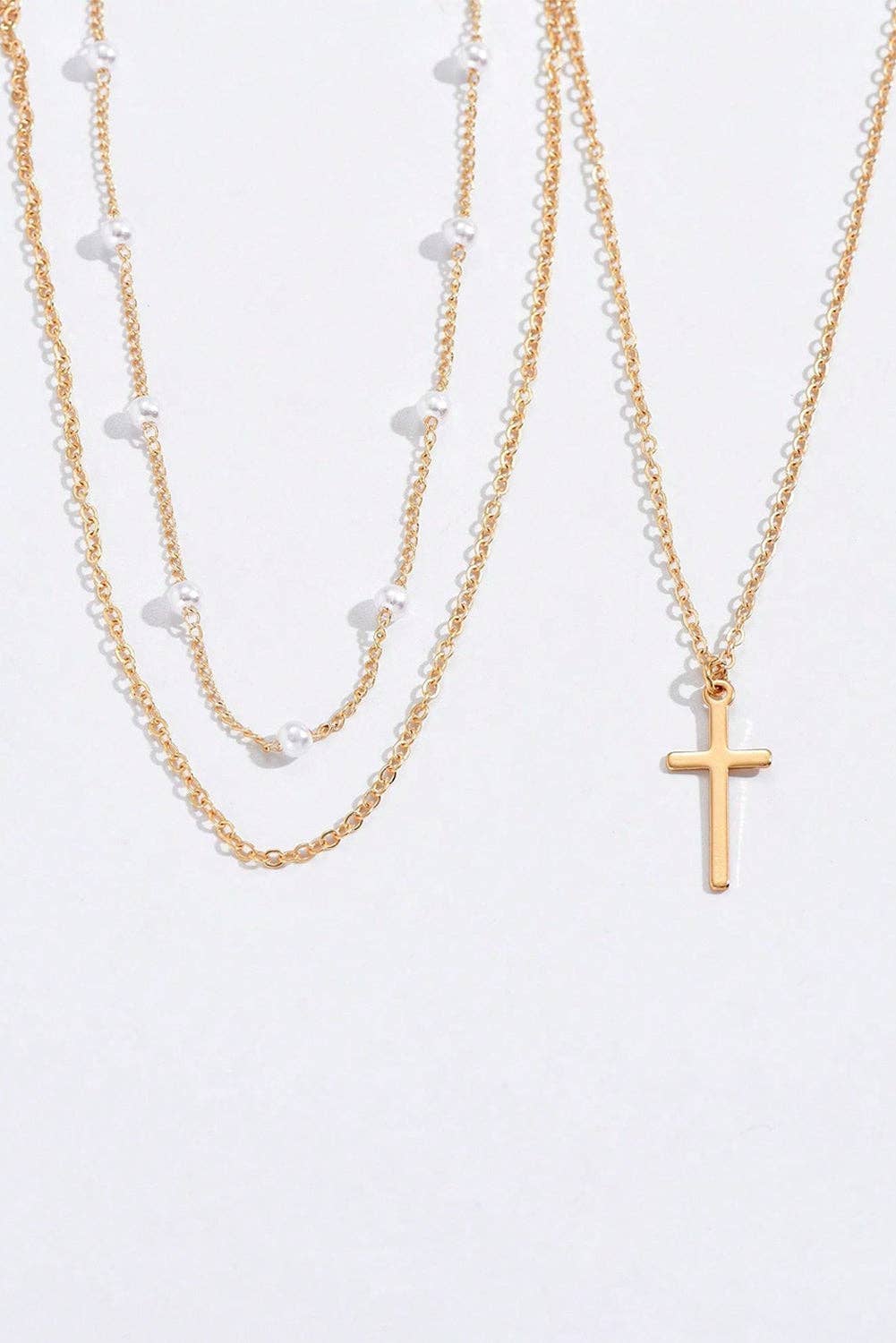 Gold Plated Cross Pendant Pearl Decor Triple Layer Chain Necklace: Gold / 100%Alloy / ONE SIZE